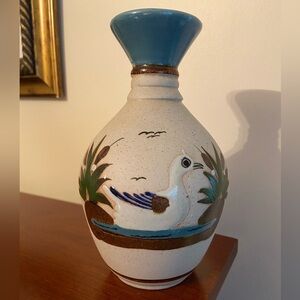 Vintage Tonala Mexican Folk Art Sandstone Pottery Vase Bird Duck on Water